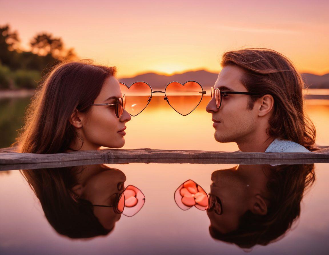 A romantic scene featuring a couple gazing into each other's eyes through a pair of stylish glasses, surrounded by floating heart-shaped optical lenses that reflect beautiful landscapes. Soft lighting enhances the warmth of their connection, with a blurred background of a picturesque sunset. Incorporate elements of optical illusions to symbolize the clarity of love. vibrant colors. soft focus. romantic ambiance.