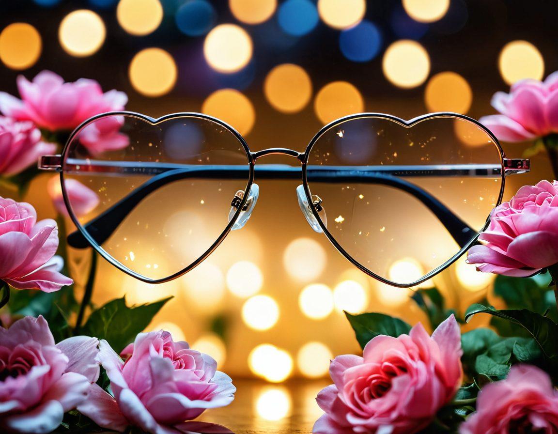 A pair of glasses with a heart reflecting in the lenses, surrounded by blooming flowers and soft glowing lights. In the background, a couple joyfully gazes into each other's eyes, symbolizing romance and care. The image should convey warmth, affection, and the importance of eye care in relationships. vibrant colors. soft focus. romantic atmosphere.