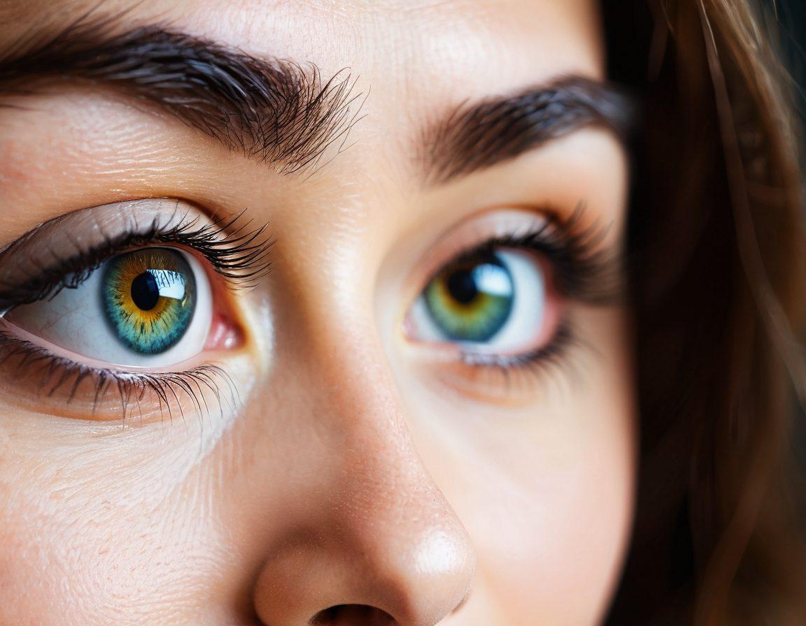 A close-up of a beautiful pair of eyes, reflecting a vibrant world with glasses resting on a table beside them. The eyes should sparkle with emotion, hinting at connection and understanding. Include soft, warm lighting to evoke a sense of care and intimacy. The background should feature subtle silhouettes of couples sharing moments, suggesting the impact of eye care on relationships. super-realistic. vibrant colors. soft focus.